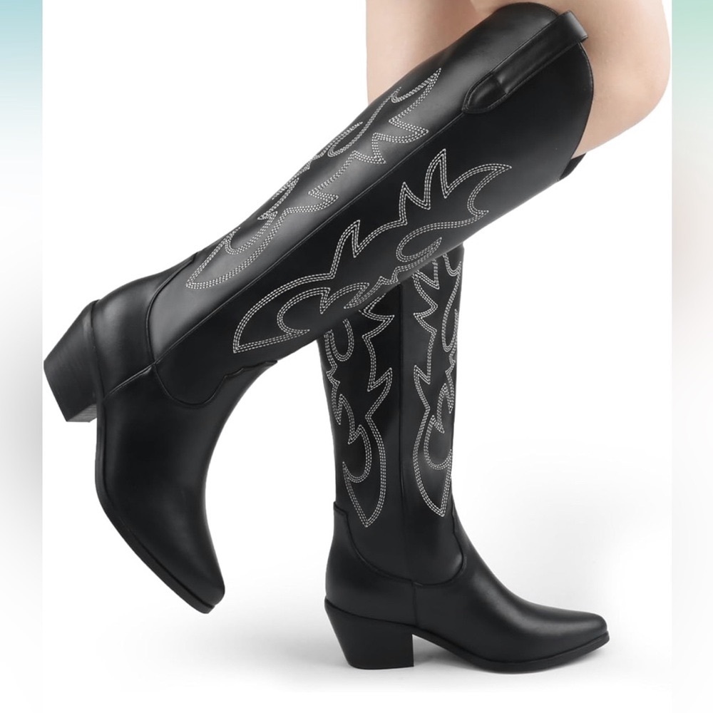 🤠 Black Embroidered Knee-high Cowboy Boots - Picture 4 of 6